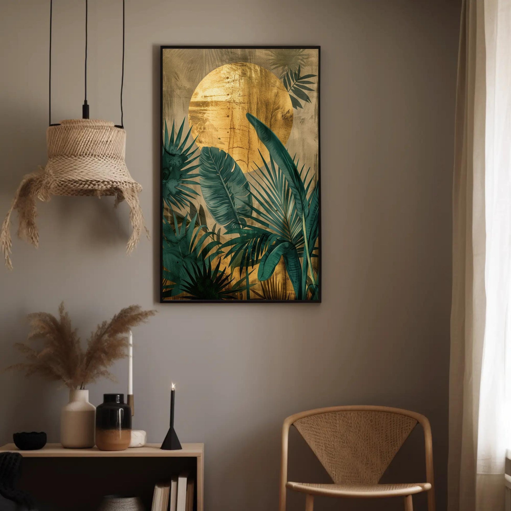 Tropical Plant , Golden Sun Jungle Botanical canvas wall art shown in a styled room (view 2)
