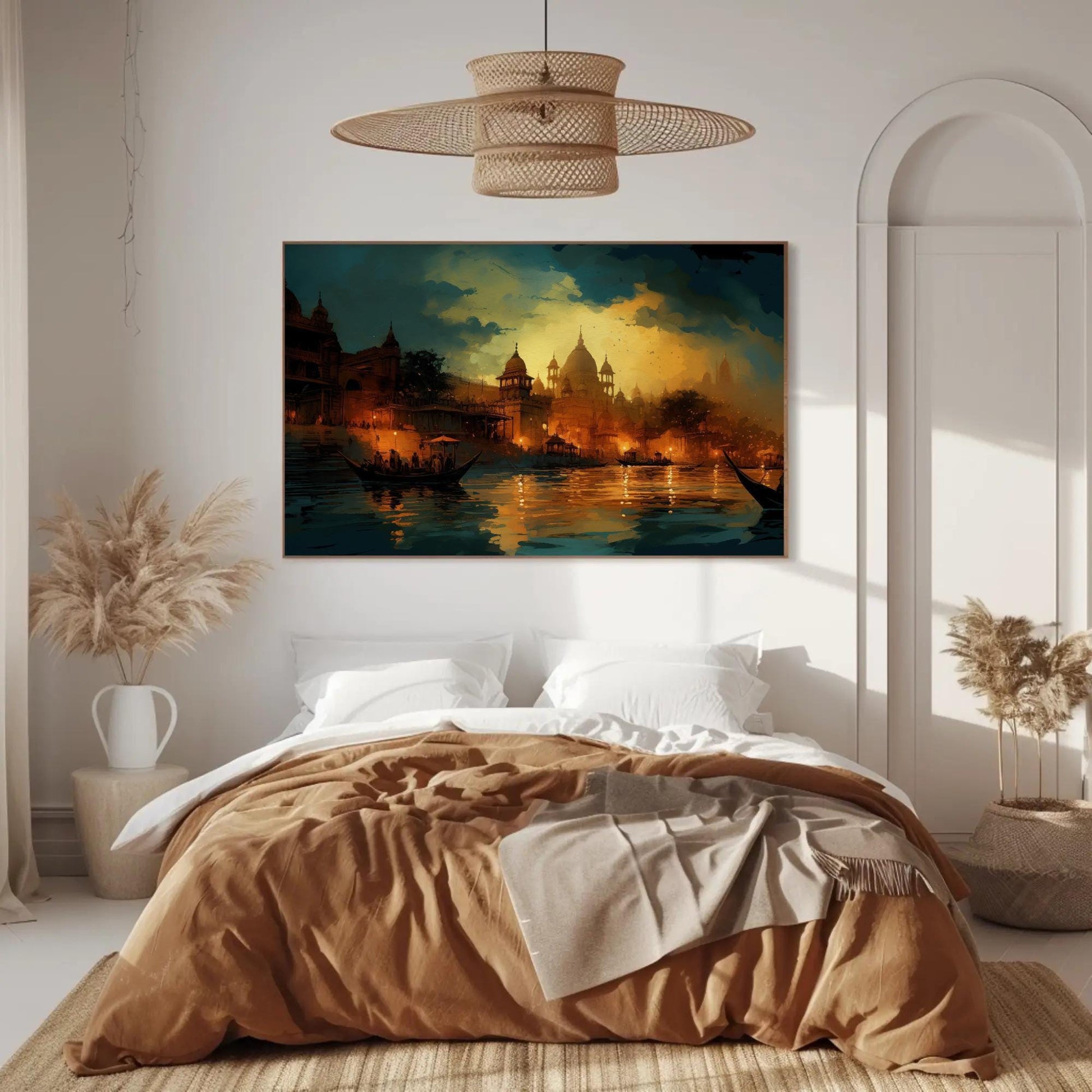 Varanasi Nightscape Canvas | Large South Asian Wall Art - Museum-Grade Print - Antarmada
