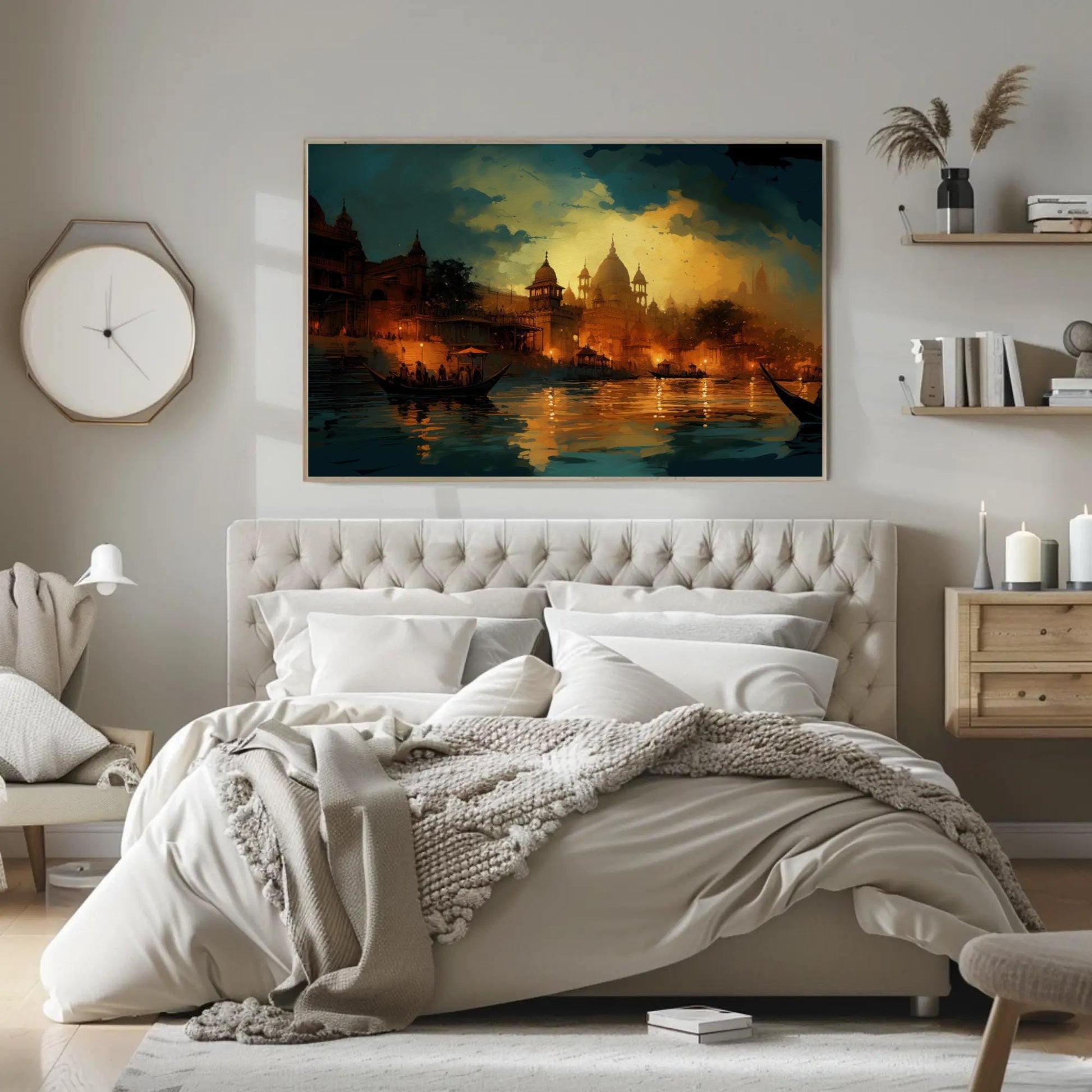 Varanasi Nightscape Canvas | Large South Asian Wall Art - Museum-Grade Print - Antarmada