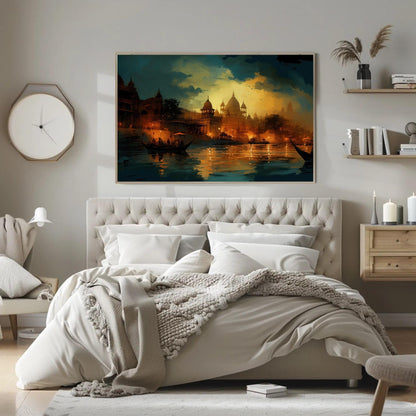 Varanasi Nightscape Canvas | Large South Asian Wall Art - Museum-Grade Print - Antarmada