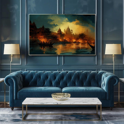 Varanasi Nightscape Canvas | Large South Asian Wall Art - Museum-Grade Print - Antarmada