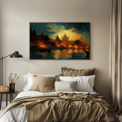 Varanasi Nightscape Canvas | Large South Asian Wall Art - Museum-Grade Print - Antarmada