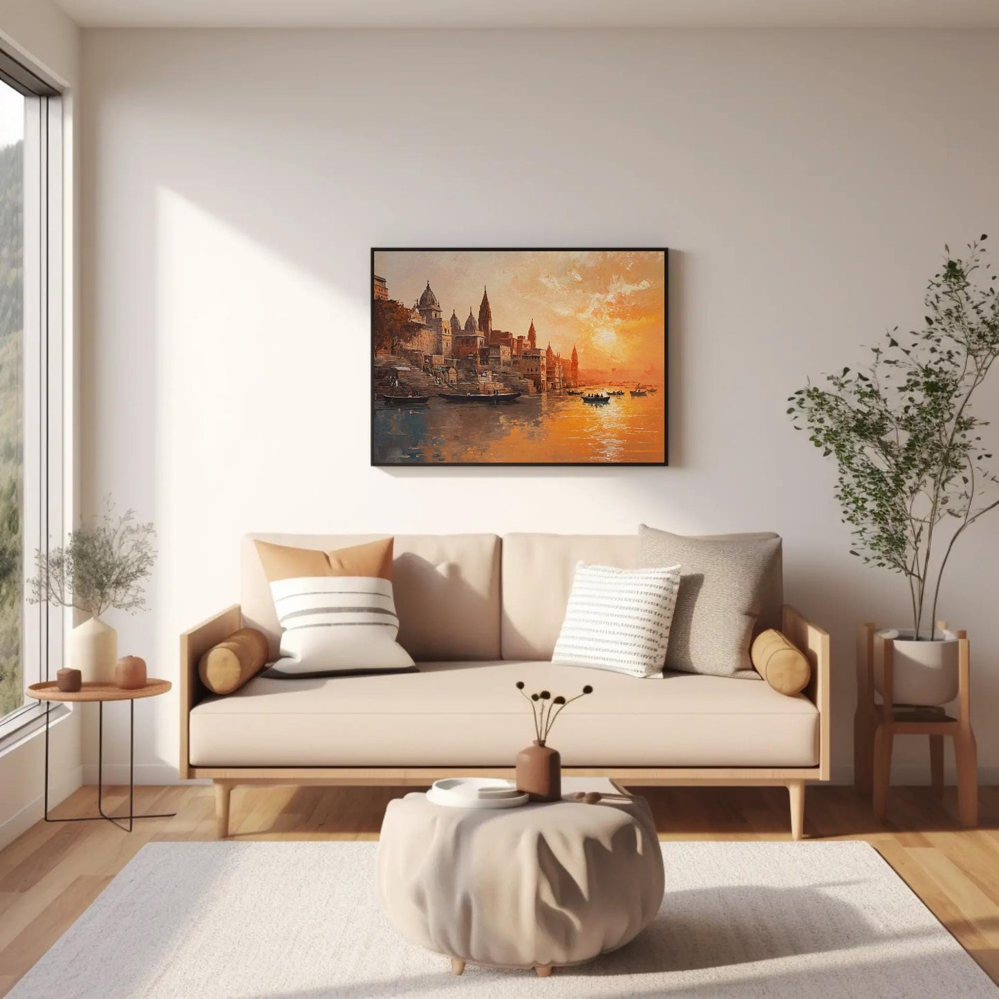 Varanasi Sunset , Ganges River India canvas wall art shown in a styled room (view 8)