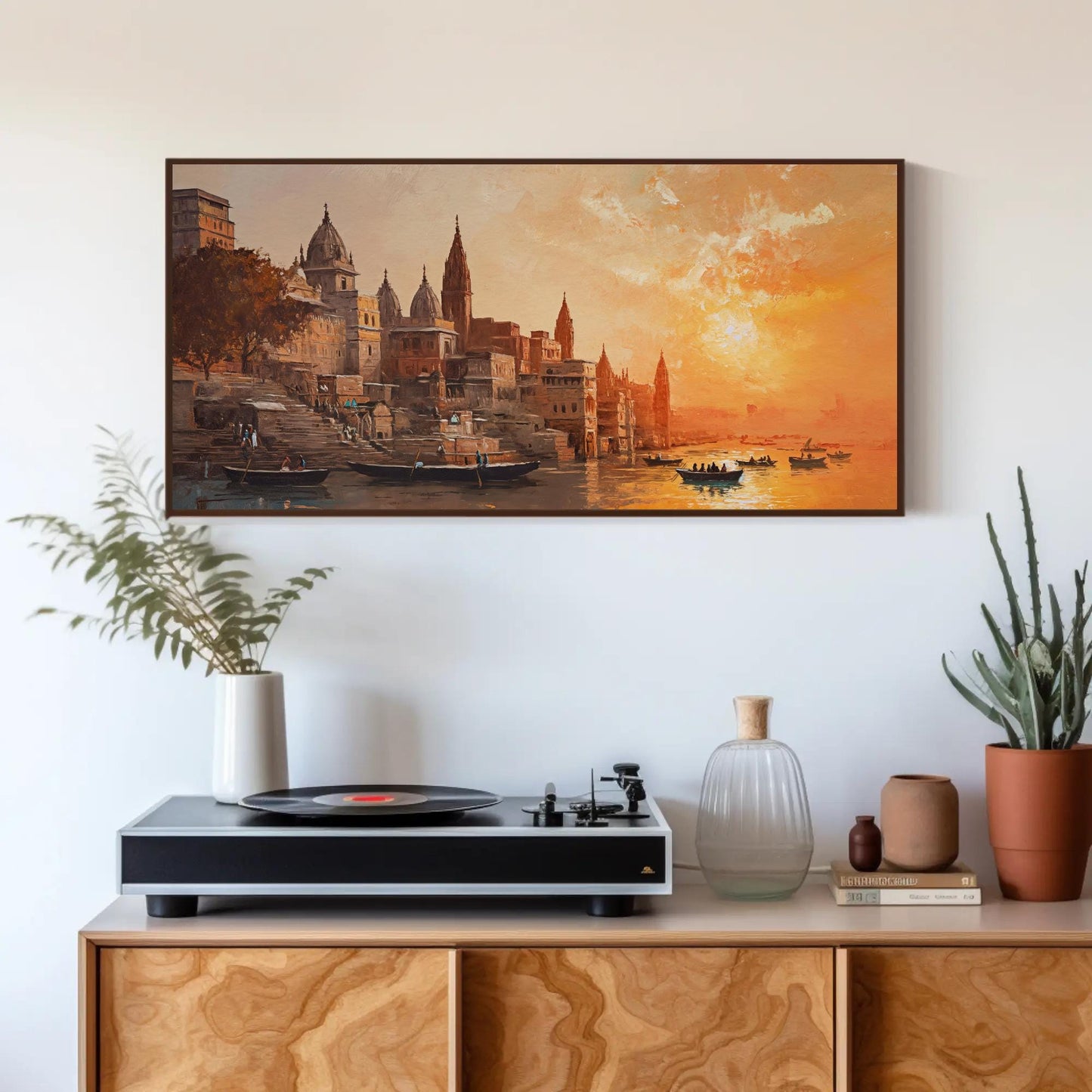 Varanasi Sunset , Ganges River India canvas wall art shown in a styled room (view 4)
