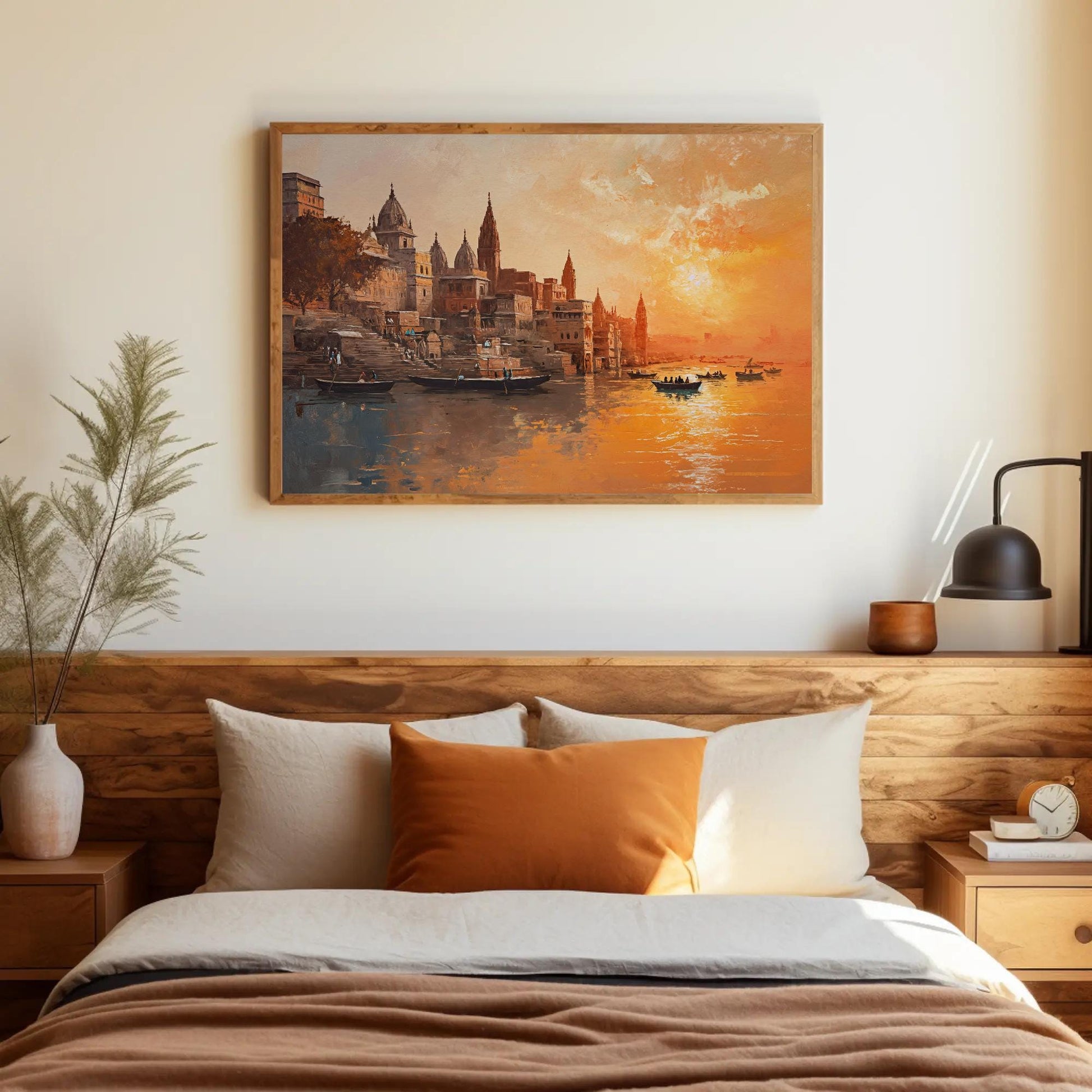 Varanasi Sunset , Ganges River India canvas wall art shown in a styled room (view 7)