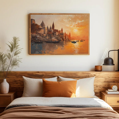 Varanasi Sunset , Ganges River India canvas wall art shown in a styled room (view 7)