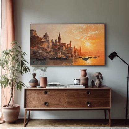 Varanasi Sunset , Ganges River India canvas wall art shown in a styled room (view 3)