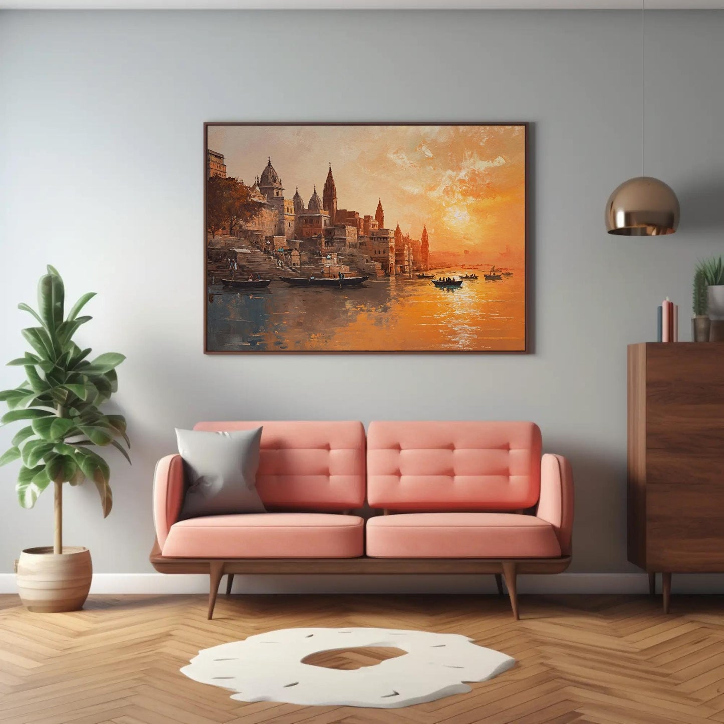 Varanasi Sunset , Ganges River India canvas wall art shown in a styled room (view 5)