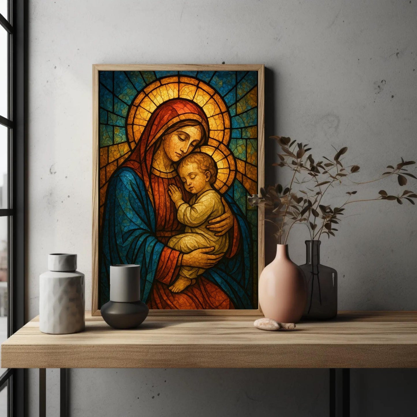 Virgin Mary Canvas Print – Madonna and Child Art | Stained Glass Religious Wall Decor - Antarmada