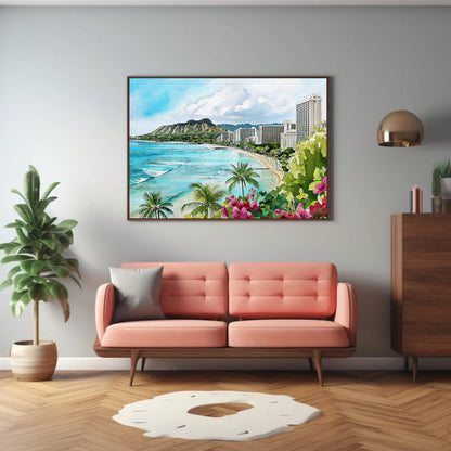 Waikiki Beach Canvas Print - Framed Hawaiian Landscape Art | Panoramic Wall Decor - Antarmada