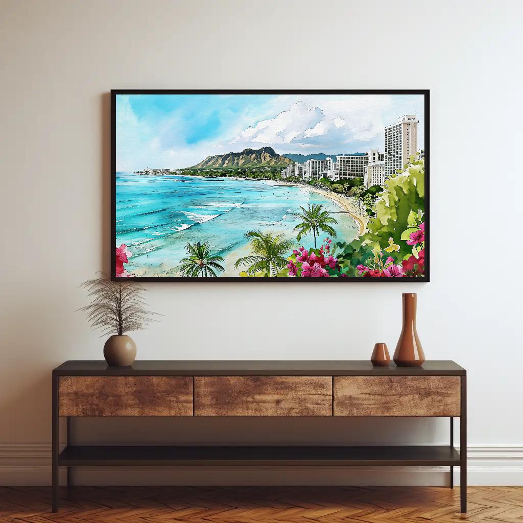 Waikiki Beach Canvas Print - Framed Hawaiian Landscape Art | Panoramic Wall Decor - Antarmada