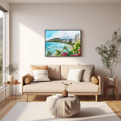 Waikiki Beach Canvas Print - Framed Hawaiian Landscape Art | Panoramic Wall Decor - Antarmada