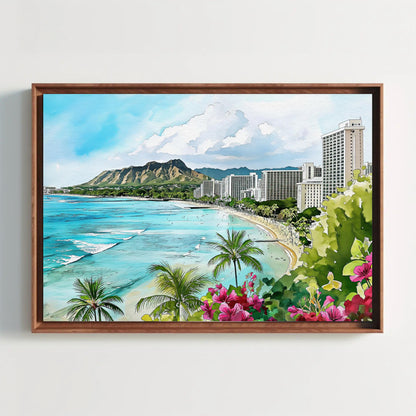 Waikiki Beach Canvas Print - Framed Hawaiian Landscape Art | Panoramic Wall Decor - Antarmada