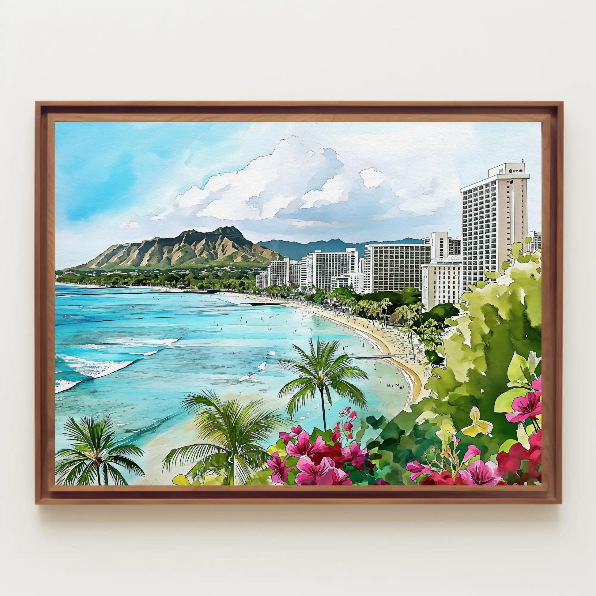 Waikiki Beach Canvas Print - Framed Hawaiian Landscape Art | Panoramic Wall Decor - Antarmada