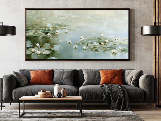 White water lily pond canvas wall art, Water Lily Canvas Art, Horizontal Sage Green Pale Blue Art Prints - Antarmada