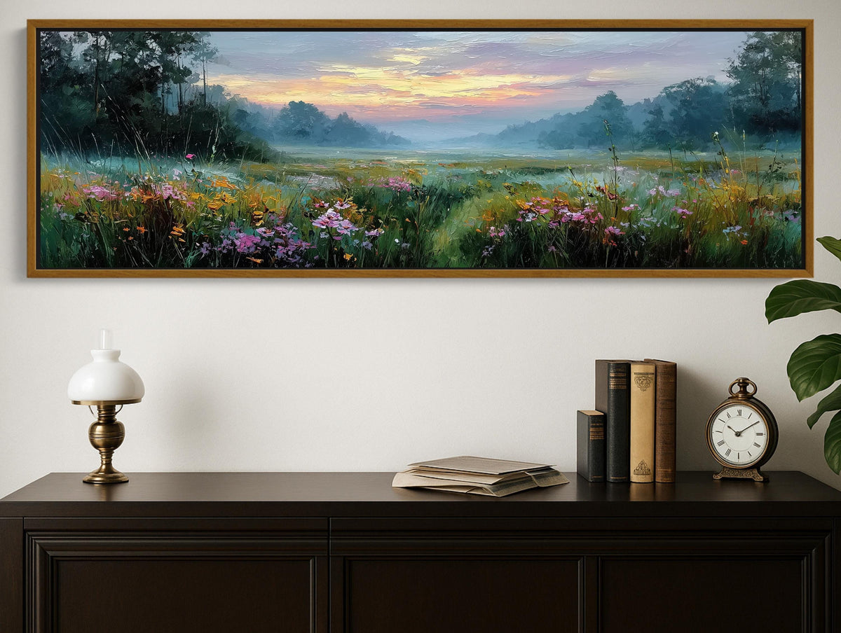 Wildflower Meadow Canvas | Extra Large Panoramic Landscape Art - Rustic Farmhouse Decor - Antarmada