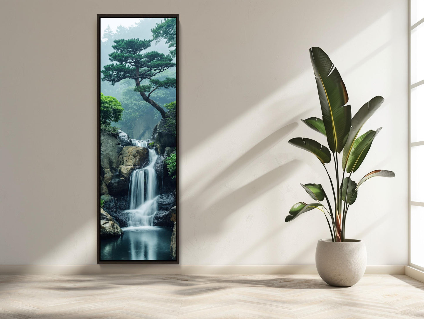 Zen Waterfall , Tall Vertical Meditation canvas wall art shown in a styled room (view 6)