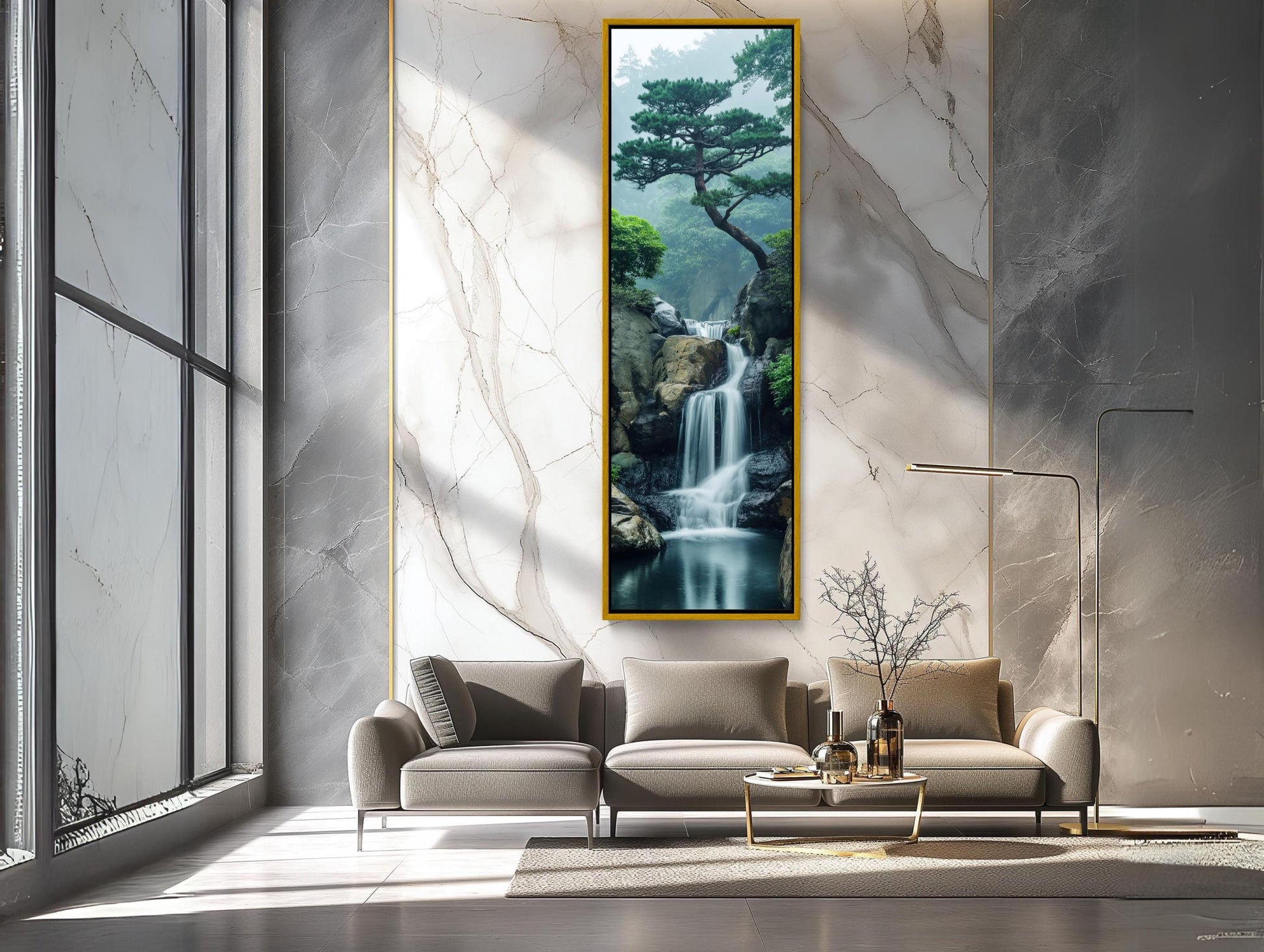 Zen Waterfall , Tall Vertical Meditation canvas wall art shown in a styled room (view 3)