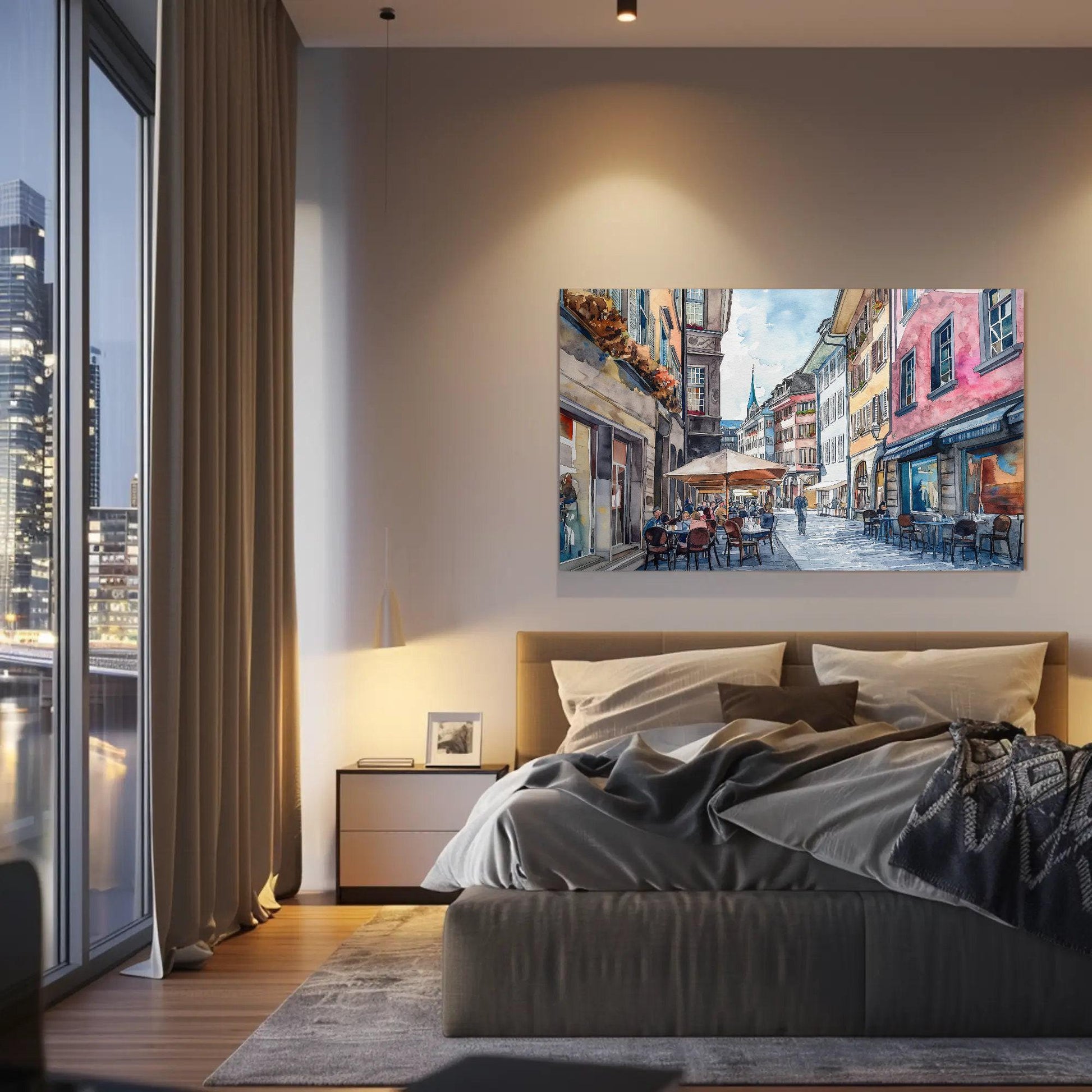 Zurich Watercolor Print – Framed City Painting on Museum-Grade Canvas with Wooden Frame Artwork - Antarmada